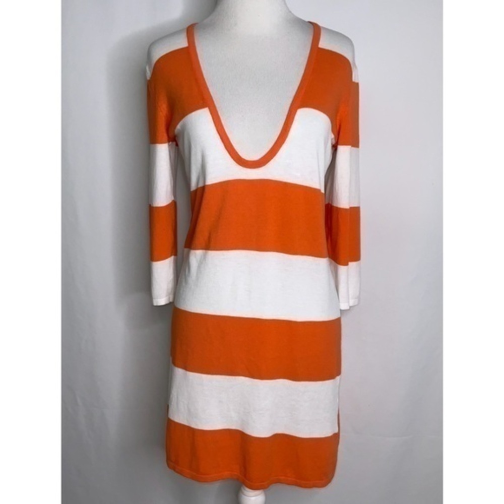 Tommy Bahama Orange White Striped V Tunic Stretch Knit Top Small